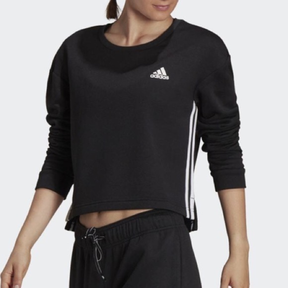 adidas Tops - adidas Women's Primegreen Comfort Fleece Loose Cropped Black 3-Stripes T…